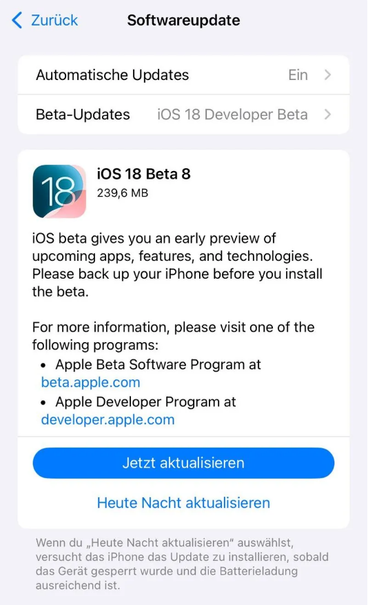 邵武苹果手机维修分享苹果 iOS / iPadOS 18 开发者预览版 Beta 8 发布 